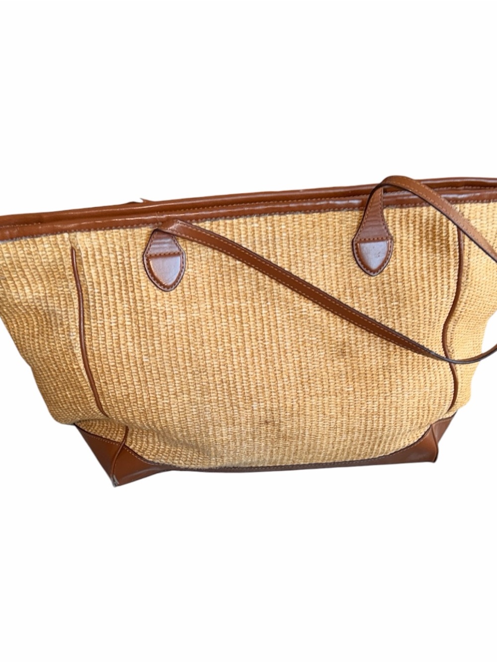 Lauren Ralph Lauren Straw Woven Tote Bag Brown Leather Trim Gold RL Logo Preowne - Picture 5 of 11